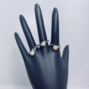 Lot Of 3 Silver Tone Adjustable Rings W/ Faux Pearls & Rhinestone Accents (R433)
